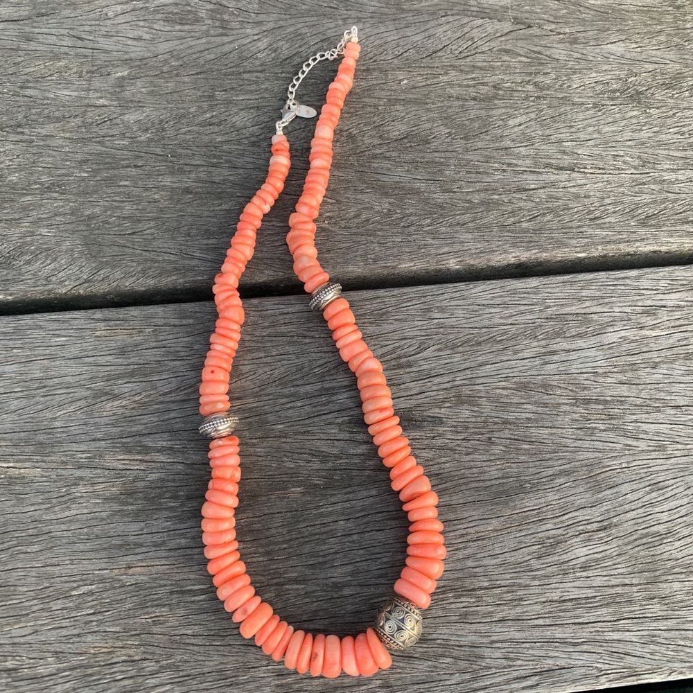 Peach Coral necklace with sterling silver beads